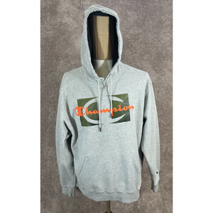 Champion Hoodie Mens XL Gray Pullover‎ Logo Spellout Kangaroo Pockets Sweatshirt